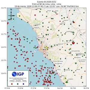 Mapa sísmico del sismo de magnitud 3.7 a 9 km al NE de Lima, Lima - Lima, Perú
