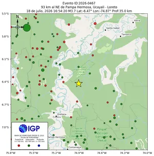 Mapa sísmico del sismo de magnitud 3.7 a 93 km al NE de Pampa Hermosa, Ucayali - Loreto, Perú
