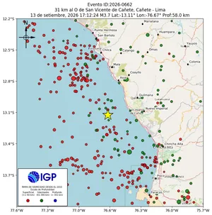 Mapa sísmico del sismo de magnitud 3.7 a 31 km al O de San Vicente de Cañete, Cañete - Lima, Perú