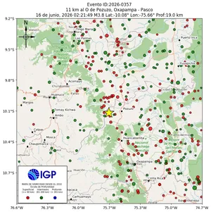 Mapa sísmico del sismo de magnitud 3.8 a 11 km al O de Pozuzo, Oxapampa - Pasco, Perú
