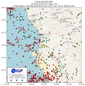 Mapa sísmico del sismo de magnitud 3.8 a 12 km al E de Pisco, Pisco - Ica, Perú