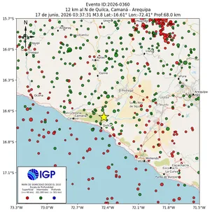 Mapa sísmico del sismo de magnitud 3.8 a 12 km al N de Quilca, Camaná - Arequipa, Perú