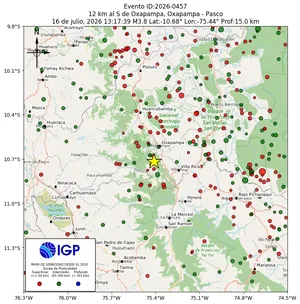 Mapa sísmico del sismo de magnitud 3.8 a 12 km al S de Oxapampa, Oxapampa - Pasco, Perú