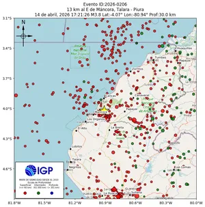 Mapa sísmico del sismo de magnitud 3.8 a 13 km al E de Máncora, Talara - Piura, Perú