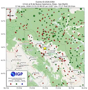 Mapa sísmico del sismo de magnitud 3.8 a 13 km al N de Nueva Cajamarca, Rioja - San Martín, Perú