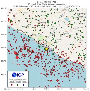 Mapa sísmico del sismo de magnitud 3.8 a 13 km al SE de Chala, Caravelí - Arequipa, Perú