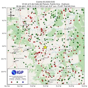 Mapa sísmico del sismo de magnitud 3.8 a 15 km al S de Codo del Pozuzo, Puerto Inca - Huánuco, Perú