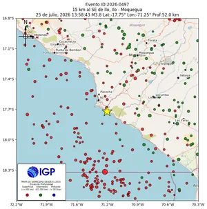 Mapa sísmico del sismo de magnitud 3.8 a 15 km al SE de Ilo, Ilo - Moquegua, Perú