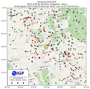 Mapa sísmico del sismo de magnitud 3.8 a 16 km al NE de Villa Rica, Oxapampa - Pasco, Perú