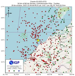 Mapa sísmico del sismo de magnitud 3.8 a 16 km al NO de Zorritos, Contralmirante Villar - Tumbes, Perú
