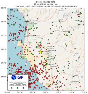 Mapa sísmico del sismo de magnitud 3.8 a 18 km al O de Ica, Ica - Ica, Perú