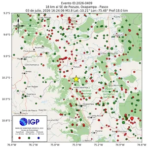 Mapa sísmico del sismo de magnitud 3.8 a 18 km al SE de Pozuzo, Oxapampa - Pasco, Perú