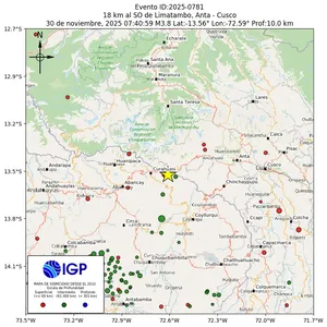 Mapa sísmico del sismo de magnitud 3.8 a 18 km al SO de Limatambo, Anta - Cusco, Perú