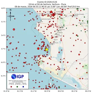 Mapa sísmico del sismo de magnitud 3.8 a 19 km al SO de Sechura, Sechura - Piura, Perú