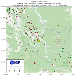 Mapa sísmico del sismo de magnitud 3.8 a 22 km al O de Comunidad Camisea, La Convención - Cusco, Perú