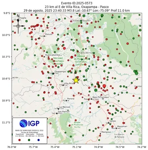 Mapa sísmico del sismo de magnitud 3.8 a 23 km al E de Villa Rica, Oxapampa - Pasco, Perú