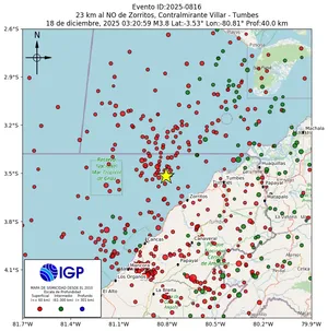 Mapa sísmico del sismo de magnitud 3.8 a 23 km al NO de Zorritos, Contralmirante Villar - Tumbes, Perú