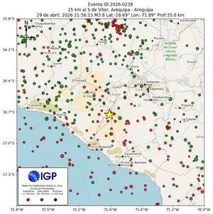 Mapa sísmico del sismo de magnitud 3.8 a 25 km al S de Vitor, Arequipa - Arequipa, Perú
