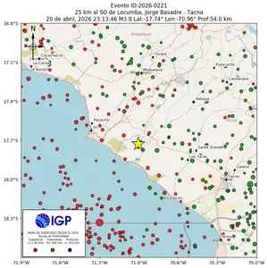 Mapa sísmico del sismo de magnitud 3.8 a 25 km al SO de Locumba, Jorge Basadre - Tacna, Perú