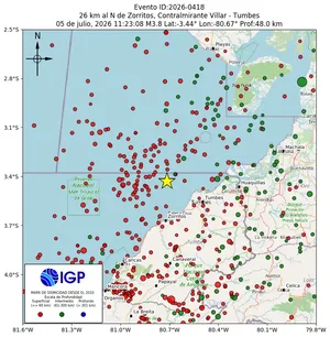 Mapa sísmico del sismo de magnitud 3.8 a 26 km al N de Zorritos, Contralmirante Villar - Tumbes, Perú