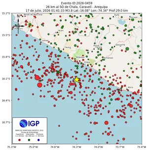 Mapa sísmico del sismo de magnitud 3.8 a 26 km al SO de Chala, Caravelí - Arequipa, Perú