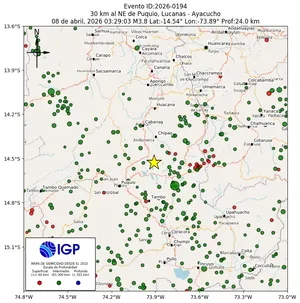 Mapa sísmico del sismo de magnitud 3.8 a 30 km al NE de Puquio, Lucanas - Ayacucho, Perú