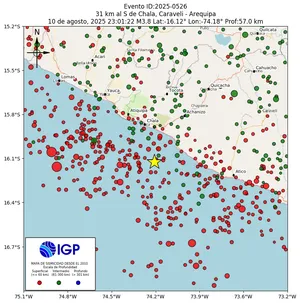 Mapa sísmico del sismo de magnitud 3.8 a 31 km al S de Chala, Caraveli - Arequipa, Perú