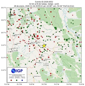 Mapa sísmico del sismo de magnitud 3.8 a 32 km al N de Satipo, Satipo - Junín, Perú