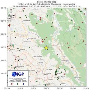 Mapa sísmico del sismo de magnitud 3.8 a 32 km al NE de San Pedro De Coris, Churcampa - Huancavelica, Perú