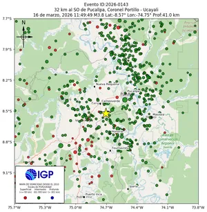 Mapa sísmico del sismo de magnitud 3.8 a 32 km al SO de Pucallpa, Coronel Portillo - Ucayali, Perú
