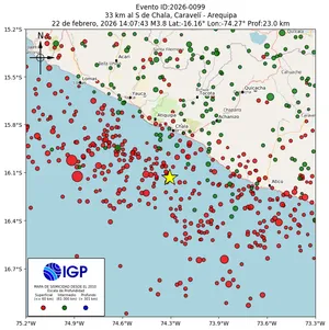 Mapa sísmico del sismo de magnitud 3.8 a 33 km al S de Chala, Caravelí - Arequipa, Perú