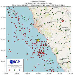 Mapa sísmico del sismo de magnitud 3.8 a 34 km al O de Chilca, Cañete - Lima, Perú