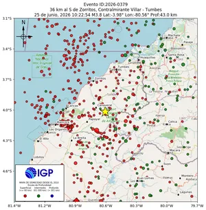 Mapa sísmico del sismo de magnitud 3.8 a 36 km al S de Zorritos, Contralmirante Villar - Tumbes, Perú