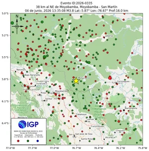 Mapa sísmico del sismo de magnitud 3.8 a 38 km al NE de Moyobamba, Moyobamba - San Martín, Perú