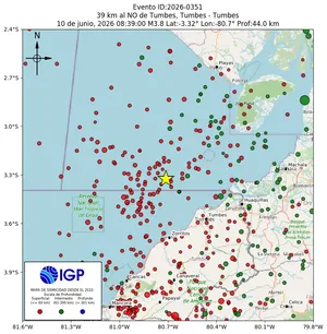 Mapa sísmico del sismo de magnitud 3.8 a 39 km al NO de Tumbes, Tumbes - Tumbes, Perú