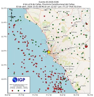Mapa sísmico del sismo de magnitud 3.8 a 4 km al N de Callao, Provincia Constitucional del Callao, Perú
