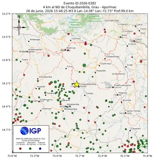Mapa sísmico del sismo de magnitud 3.8 a 4 km al NO de Chuquibambilla, Grau - Apurímac, Perú