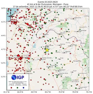 Mapa sísmico del sismo de magnitud 3.8 a 41 km al N de Chulucanas, Morropon - Piura, Perú