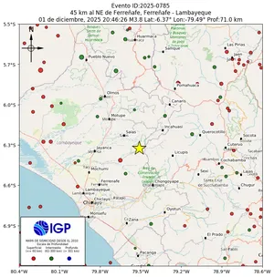 Mapa sísmico del sismo de magnitud 3.8 a 45 km al NE de Ferreñafe, Ferreñafe - Lambayeque, Perú