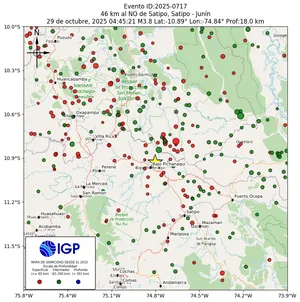 Mapa sísmico del sismo de magnitud 3.8 a 46 km al NO de Satipo, Satipo - Junín, Perú