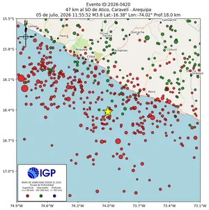 Mapa sísmico del sismo de magnitud 3.8 a 47 km al SO de Atico, Caravelí - Arequipa, Perú