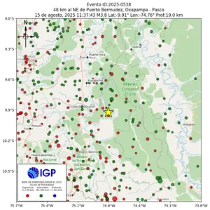 Mapa sísmico del sismo de magnitud 3.8 a 48 km al NE de Puerto Bermudez, Oxapampa - Pasco, Perú