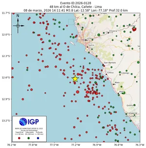 Mapa sísmico del sismo de magnitud 3.8 a 48 km al O de Chilca, Cañete - Lima, Perú