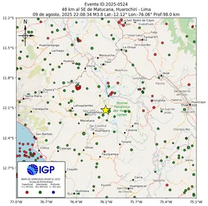 Mapa sísmico del sismo de magnitud 3.8 a 48 km al SE de Matucana, Huarochiri - Lima, Perú
