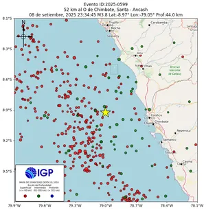 Mapa sísmico del sismo de magnitud 3.8 a 52 km al O de Chimbote, Santa - Ancash, Perú