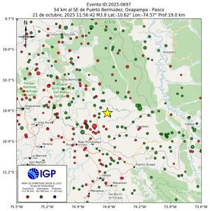 Mapa sísmico del sismo de magnitud 3.8 a 54 km al SE de Puerto Bermúdez, Oxapampa - Pasco, Perú
