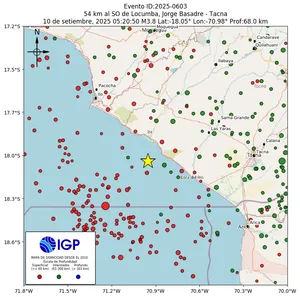 Mapa sísmico del sismo de magnitud 3.8 a 54 km al SO de Locumba, Jorge Basadre - Tacna, Perú