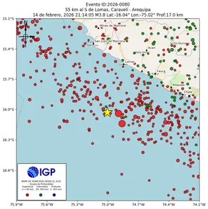 Mapa sísmico del sismo de magnitud 3.8 a 55 km al S de Lomas, Caravelí - Arequipa, Perú