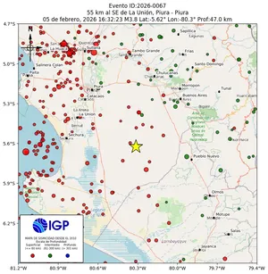 Mapa sísmico del sismo de magnitud 3.8 a 55 km al SE de La Unión, Piura - Piura, Perú