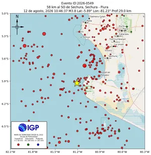 Mapa sísmico del sismo de magnitud 3.8 a 58 km al SO de Sechura, Sechura - Piura, Perú